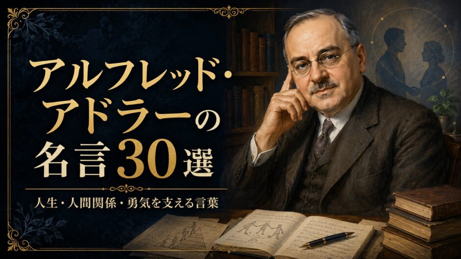 心理学者アルフレッド・アドラーの肖像と書物、人間関係を示す図を描いた名言記事のアイキャッチ画像