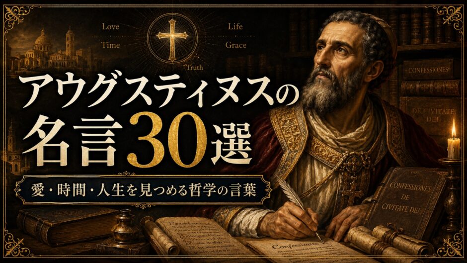 アウグスティヌスの肖像と十字架、『告白』『神の国』を思わせる書物を描いた名言記事のアイキャッチ画像