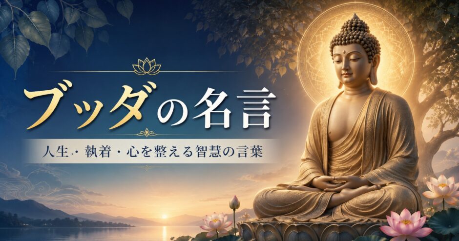 湖畔で瞑想するブッダ像と「ブッダの名言」の文字を描いたアイキャッチ画像