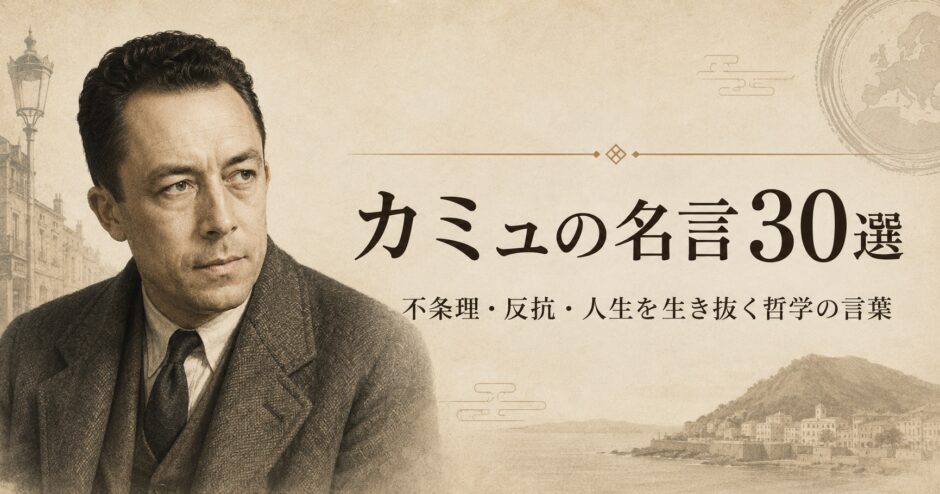 アルベール・カミュの肖像と「カミュの名言30選」の文字を配したアイキャッチ画像