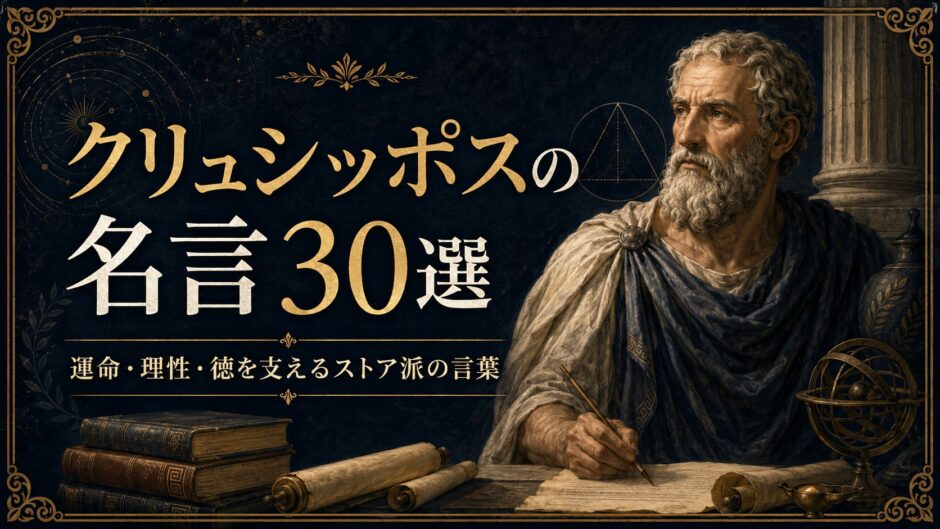 古代ストア派哲学者クリュシッポスの肖像と書物、天球儀を描いた名言記事のアイキャッチ画像