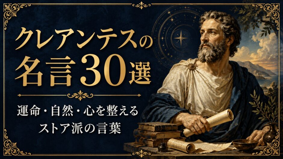 古代ストア派哲学者クレアンテスの肖像と星空、巻物、古書を描いた名言記事のアイキャッチ画像