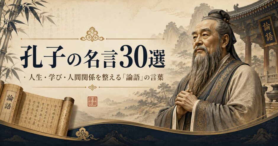 「孔子の名言30選」の文字と、孔子をイメージした老賢者、竹、山水画、論語の巻物を描いたアイキャッチ画像