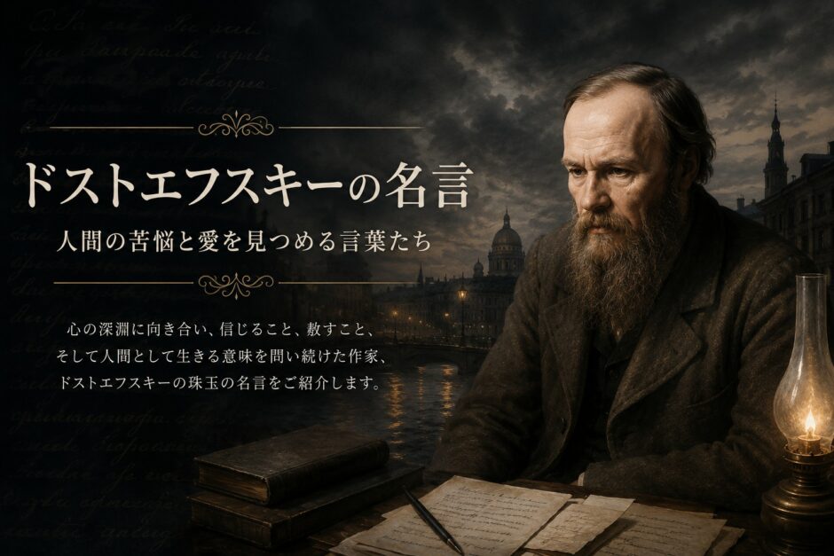 夜のサンクトペテルブルクを背景にしたドストエフスキーの肖像と「ドストエフスキーの名言」の文字を描いたアイキャッチ画像