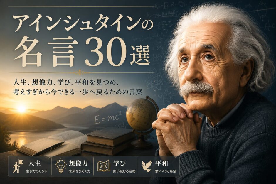 アインシュタインの肖像風ビジュアルと本、地球儀、数式を配した「名言30選」のアイキャッチ画像