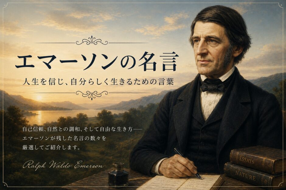 湖と山の風景を背景に執筆するエマーソンと「エマーソンの名言」の文字を描いたアイキャッチ画像