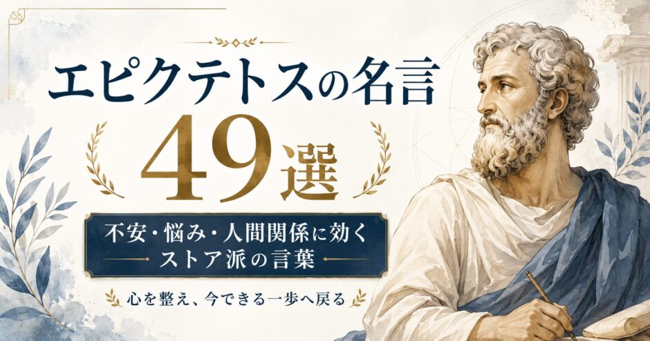エピクテトスの名言49選を紹介する記事のアイキャッチ画像。ストア派哲学の言葉で不安や悩み、人間関係を整える内容を表しています。