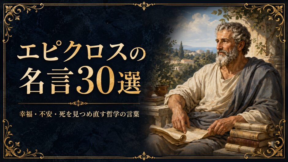 古代ギリシャの哲学者エピクロスが庭園で巻物を読む姿を描いた名言記事のアイキャッチ画像