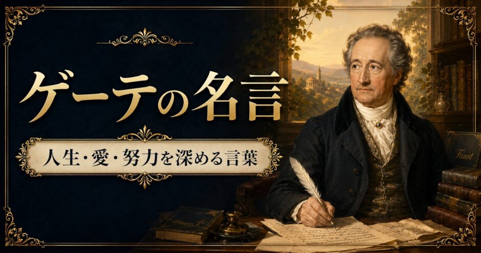 書斎で羽根ペンを持つゲーテと「ゲーテの名言」の文字を描いたアイキャッチ画像
