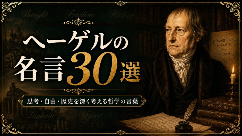 ヘーゲルの肖像と『精神現象学』を思わせる古書、図書館、羽根ペンを描いた名言記事のアイキャッチ画像