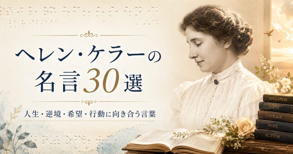 点字と本、花に囲まれたヘレン・ケラーの肖像風ビジュアルを使った「名言30選」のアイキャッチ画像