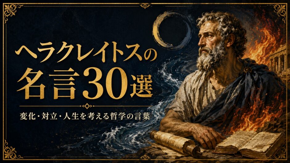 古代ギリシャの哲学者ヘラクレイトスと水、炎、円環を描いた名言記事のアイキャッチ画像