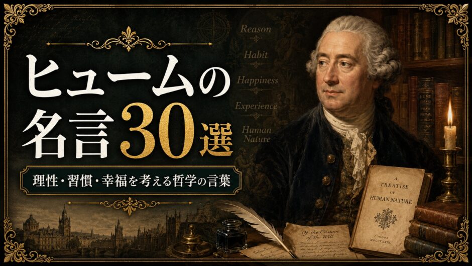 デイヴィッド・ヒュームの肖像と『人間本性論』、古書、羽根ペンを描いた名言記事のアイキャッチ画像