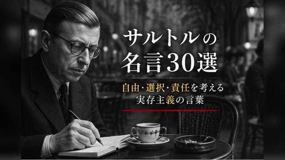 ジャン＝ポール・サルトルがパリのカフェでノートに書く姿を描いた実存主義の名言記事アイキャッチ画像