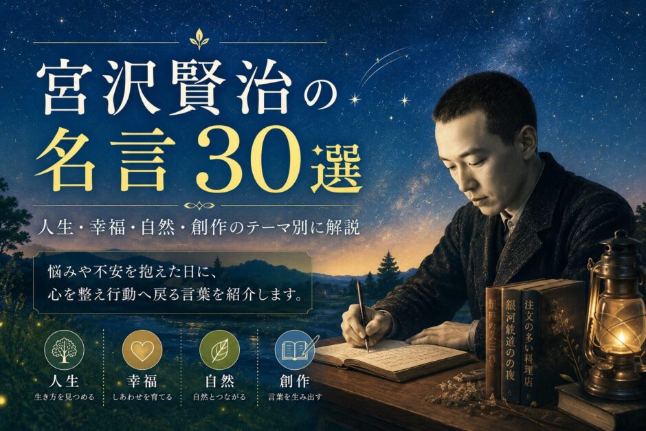 星空の下で執筆する宮沢賢治の肖像風ビジュアルを使った「名言30選」のアイキャッチ画像