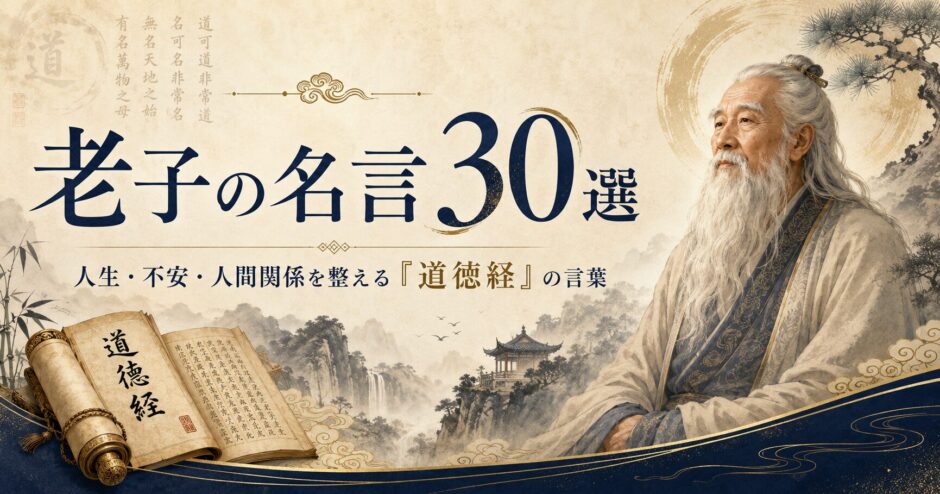 「老子の名言30選」の文字と、老子をイメージした老賢者、山水画、道徳経の書物を描いたアイキャッチ画像