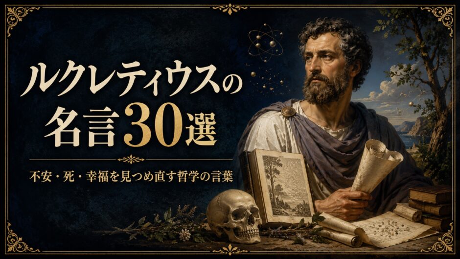 古代ローマの詩人ルクレティウスの肖像と原子の図、書物、頭蓋骨を描いた名言記事のアイキャッチ画像