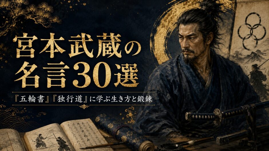 宮本武蔵の肖像と二刀、五輪を示す円、兵法書を描いた名言記事のアイキャッチ画像