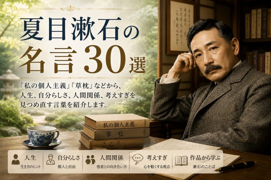 書斎で本を前にした夏目漱石の肖像風ビジュアルを使った「名言30選」のアイキャッチ画像