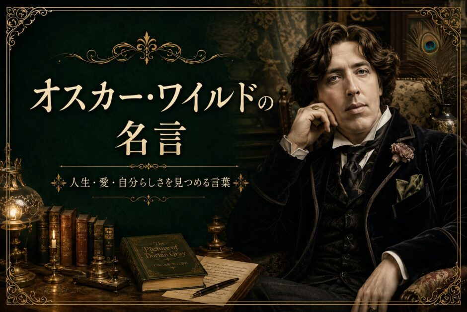 ヴィクトリア朝の書斎に座るオスカー・ワイルドと「オスカー・ワイルドの名言」の文字を描いたアイキャッチ画像