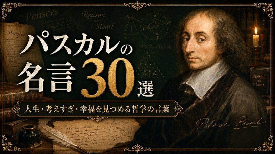 ブレーズ・パスカルの肖像と『パンセ』、幾何学図形、羽根ペンを描いた名言記事のアイキャッチ画像