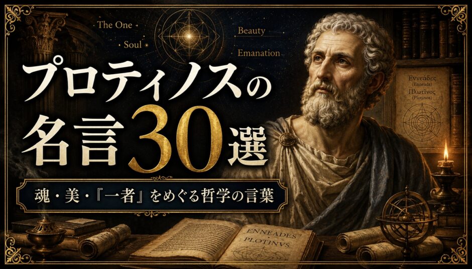 プロティノスの肖像と宇宙的な幾何学模様、『エネアデス』や巻物を描いた名言記事のアイキャッチ画像