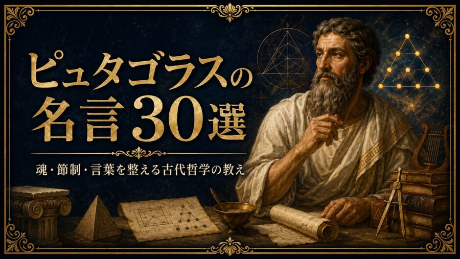 古代ギリシャの哲学者ピュタゴラスの肖像と幾何学図形、楽器、古書を描いた名言記事のアイキャッチ画像