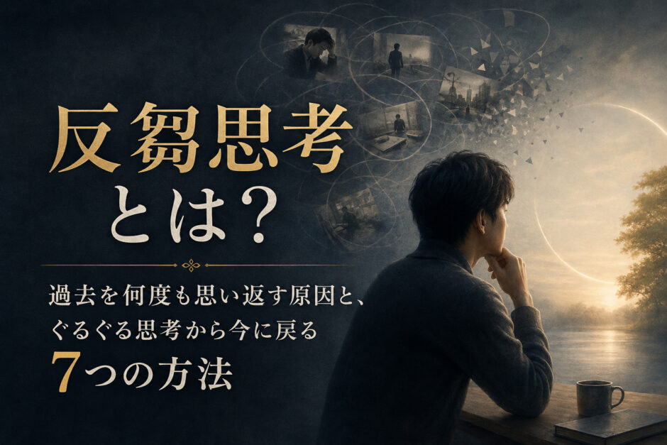 窓辺で考え込む人物と頭上に重なる記憶の場面。反芻思考と今へ戻る7つの方法を紹介する画像