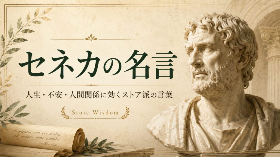 セネカの名言をテーマにした古代ローマ風の肖像と羊皮紙のアイキャッチ画像