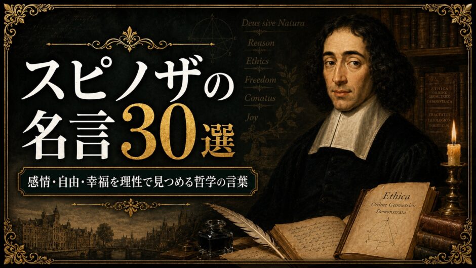 スピノザの肖像と『エチカ』、幾何学的な図形、古書と羽根ペンを描いた名言記事のアイキャッチ画像