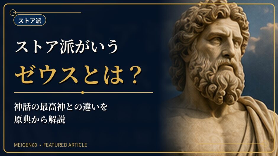 稲妻を持つゼウス像と天空を描き、ストア派のゼウスと神話の最高神との違いを示す記事のアイキャッチ画像