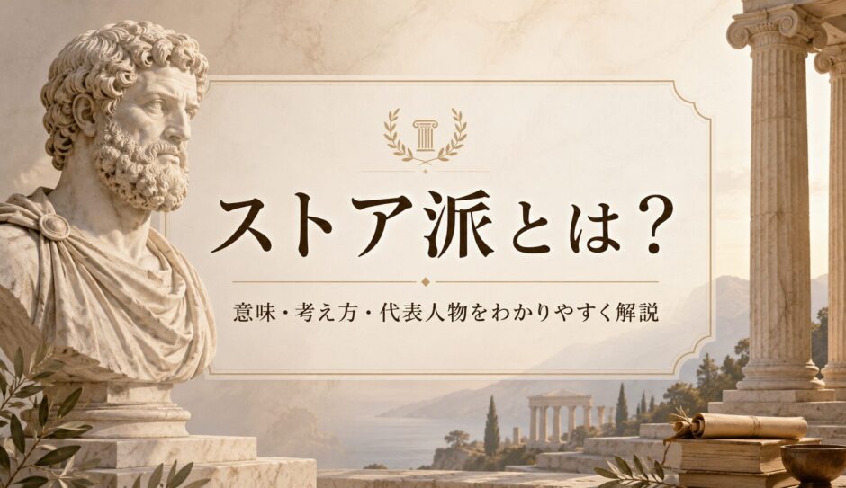 古代ローマ風の哲学者像と柱を背景に「ストア派とは？」と書かれた、ストア派の意味・考え方・代表人物を解説する記事のアイキャッチ画像