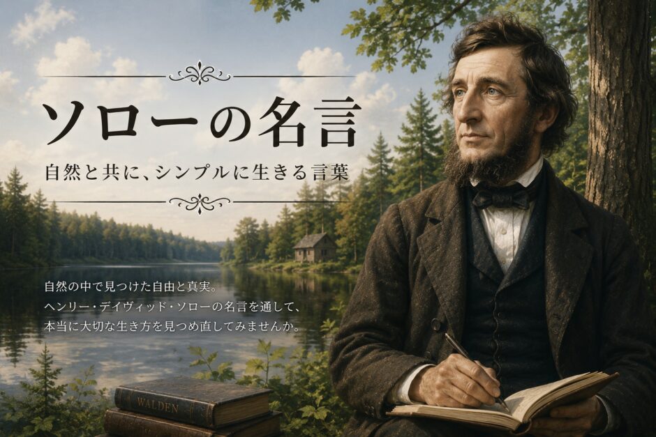 ウォールデン湖の自然を背景にノートを書くソローと「ソローの名言」の文字を描いたアイキャッチ画像
