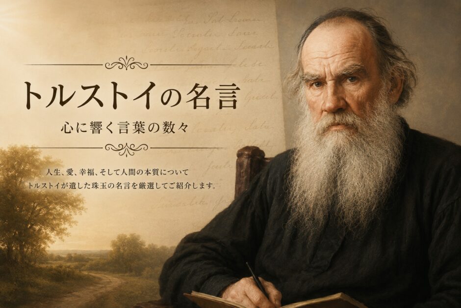 田園風景を背景にしたトルストイの肖像と「トルストイの名言」の文字を描いたアイキャッチ画像