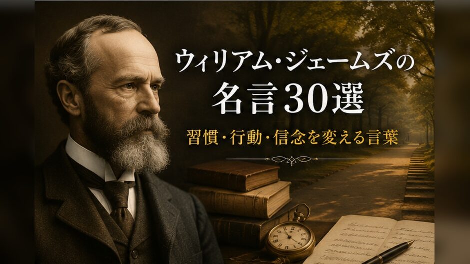 ウィリアム・ジェームズの肖像と書物、懐中時計、ノートを描いた名言記事のアイキャッチ画像