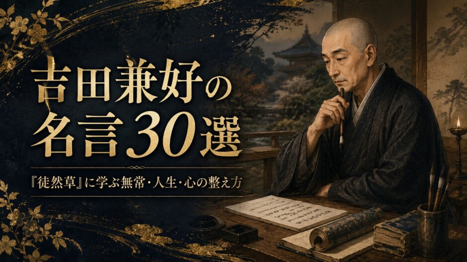 吉田兼好が静かな書院で筆を持ち、『徒然草』を書く姿を描いた名言記事のアイキャッチ画像