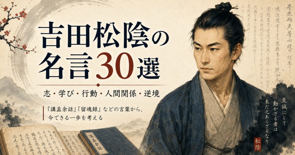 吉田松陰の名言30選を紹介するアイキャッチ画像。志・学び・行動・人間関係・逆境をテーマに、吉田松陰の肖像と『講孟余話』『留魂録』を表現