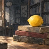 薄暗い書店の窓辺で、古い本の上に置かれた鮮やかな黄色い檸檬