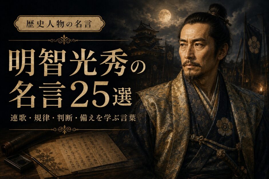 明智光秀の肖像と「明智光秀の名言25選」の文字を配したアイキャッチ画像