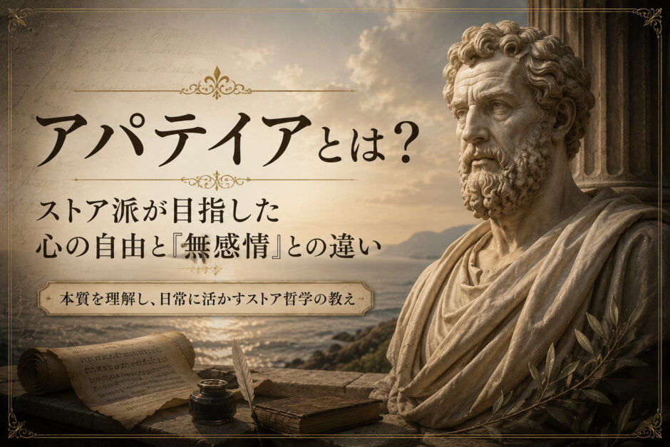 ストア派の思想を象徴する古典彫像と「アパテイアとは？」の文字を配したアイキャッチ画像