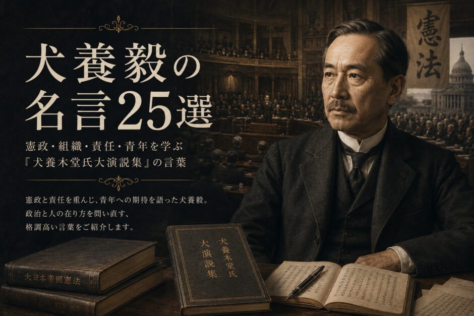 犬養毅の肖像と「犬養毅の名言25選」の文字を配したアイキャッチ画像