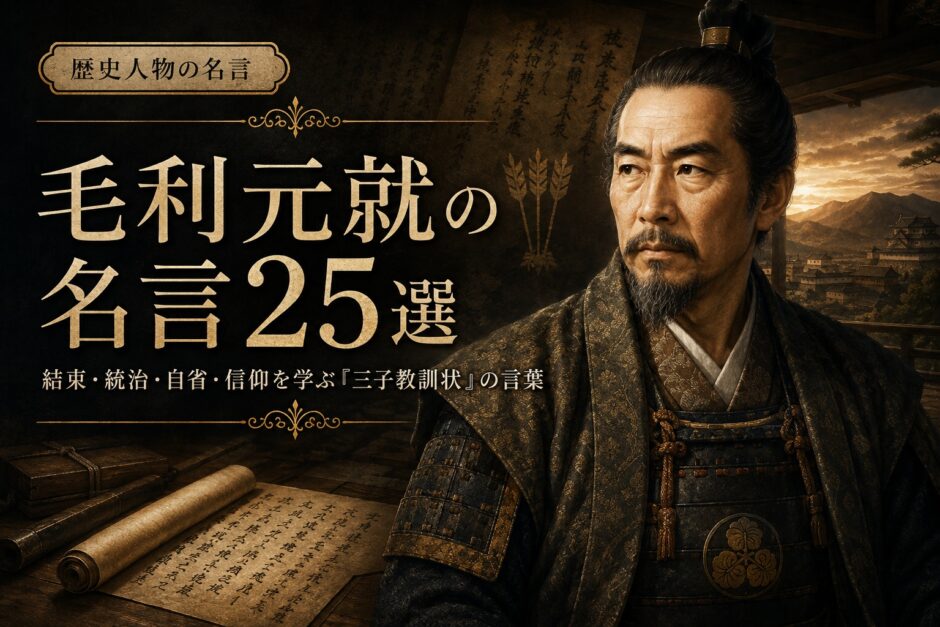 毛利元就の肖像と「毛利元就の名言25選」の文字を配したアイキャッチ画像