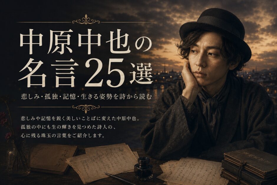 中原中也の肖像と「中原中也の名言25選」の文字を配したアイキャッチ画像