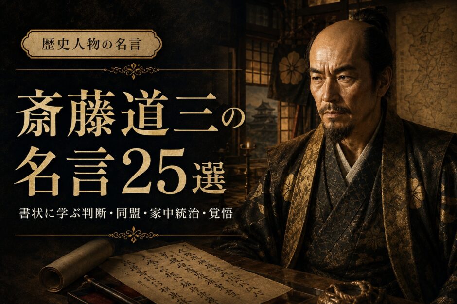 斎藤道三の肖像と「斎藤道三の名言25選」の文字を配したアイキャッチ画像