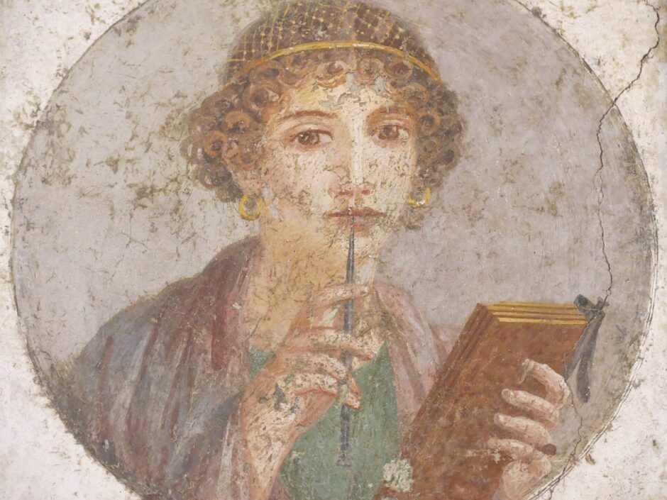 蝋板と尖筆を持つ古代ローマ時代の女性を描いたポンペイ出土壁画