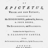 アリアノスが記録した語録4巻を収める、エリザベス・カーター訳エピクテトス作品集の1758年版タイトルページ