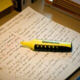 手書きのメモの一部へ黄色い蛍光ペンで注意が向けられ、注意バイアスを表す写真