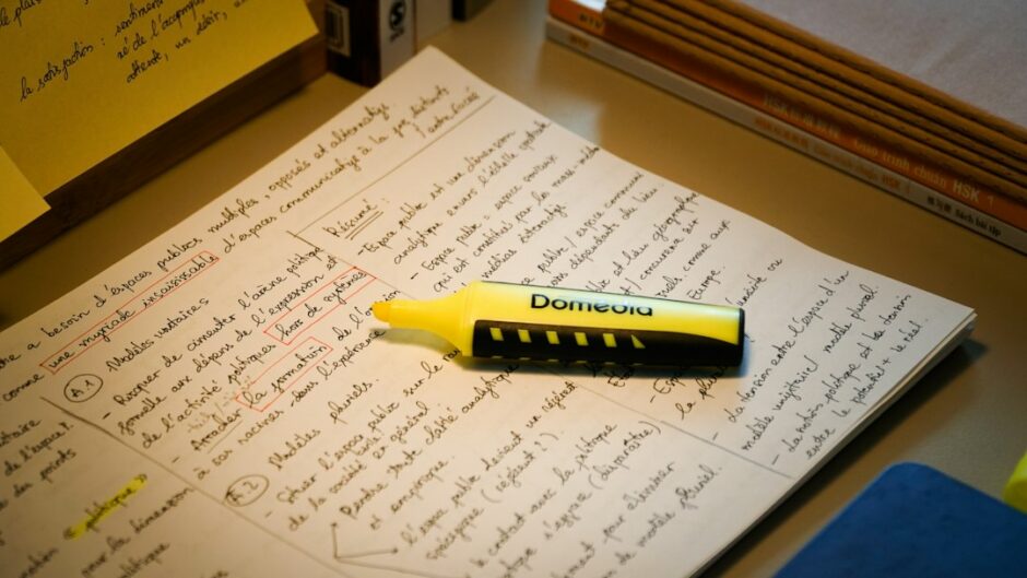手書きのメモの一部へ黄色い蛍光ペンで注意が向けられ、注意バイアスを表す写真