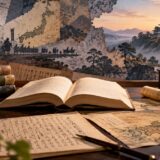 開いた本と古地図、古文書の向こうに武士の行列と城が広がる司馬史観の解説用イメージ