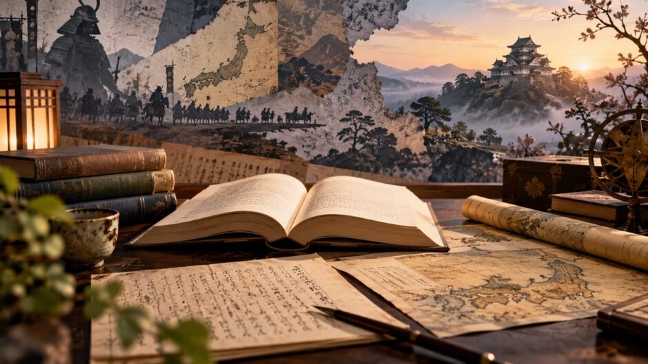 開いた本と古地図、古文書の向こうに武士の行列と城が広がる司馬史観の解説用イメージ